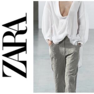 Embroidered Light Gray Linen-Blend Wide Leg Pants